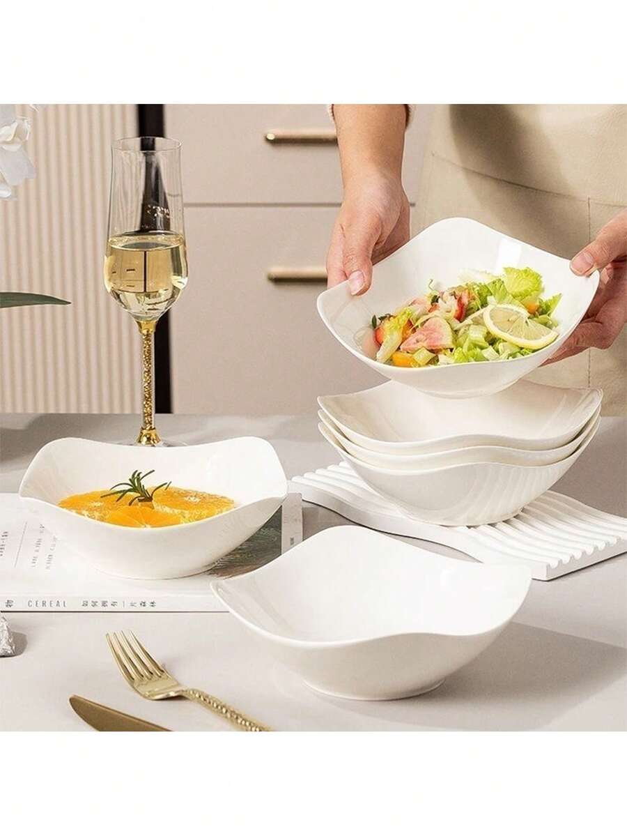 2-10 sets of reusable white salad bowls and plates, made of PP plastic, suitable for cold dishes, cooked food, desserts, and party food. Stackable for easy storage, ideal for family gatherings, hotels, microwave heating, and outdoor RV/camping picnic part