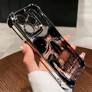 Four Corner Anti-Fall Back Black Skull Electroplated Pattern Phone Case for iPhone 16 Pro Max 15 Plus 14 13 12 11 E Shockproof Transparent Protective Cover Cellphone Protection Casing
