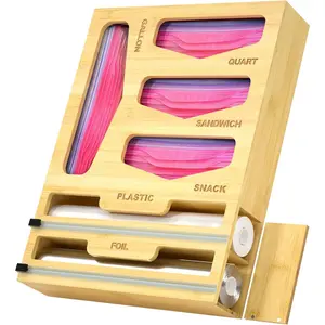 6 in 1 Bag Organizer and Wrap Dispenser with  Lid - Plastic Wrap Dispenser with  for Kitchen Drawer, Storage for Gallon, Quart, Sandwich, Snack Bags, and Foil Beige