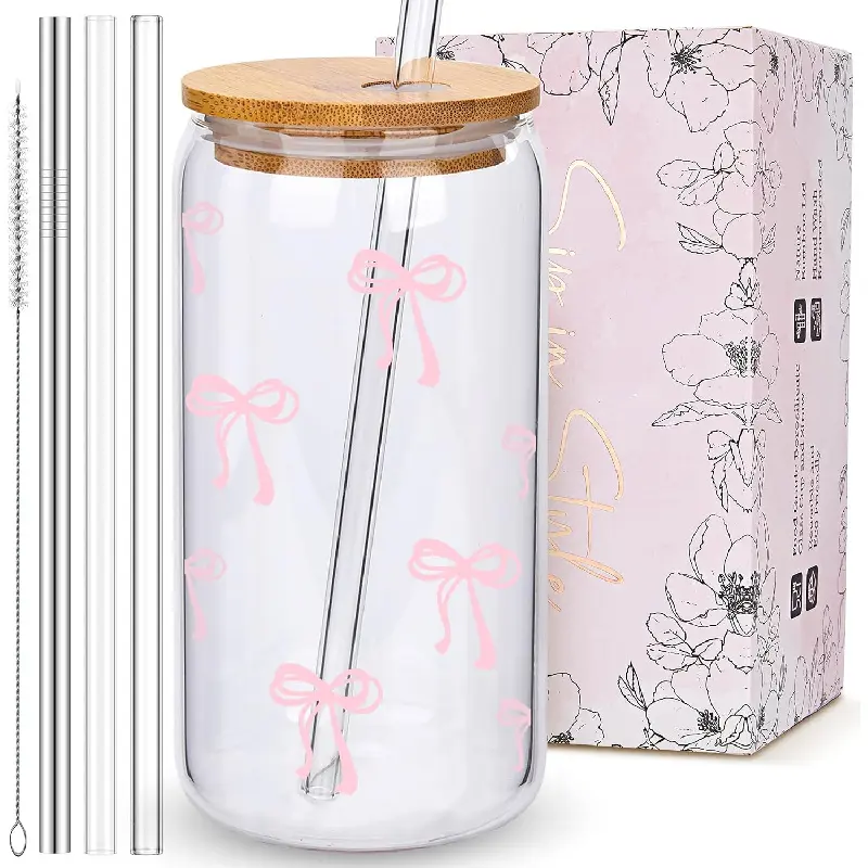 Cute Pink Bow Glass Cups with Lids and Straws, Aesthetic Iced Coffee Matcha Cup, Girly Preppy Design Tumbler Mug, Valentines Christmas Birthday Gifts for Women, Teen Girl Gifts Trendy Stuff