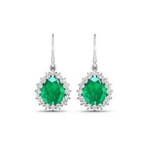 Genuine Zambian Emerald Diamond Dangle Earrings