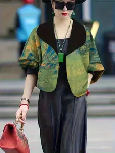 Women's new stylish casual ink print reversible loose-fitting slimming long-sleeved short jacket