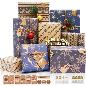Christmas Wrapping Paper, 12 Sheets Navy Blue and Brown   Wrapping Paper, Xmas Wrapping Paper Sheet with Stickers and Tags,   Wrapping Paper for Christmas Winter Holiday, 20x28Inch