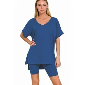 Zenana Brushed Microfiber V-Neck Top & Biker Shorts Comfort Polyester Womenswear Clothes