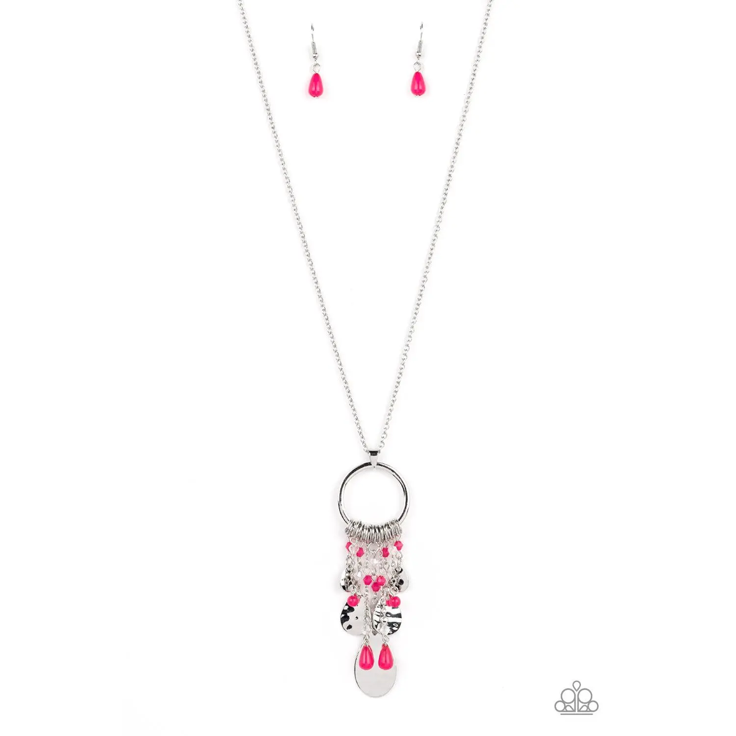 Totally Trolling - Pink Bead Silver Fringe Necklace - Paparazzi