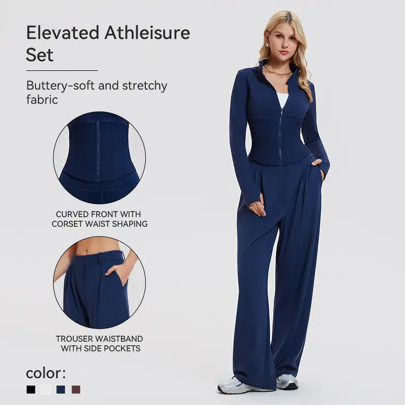 Women's 2-Piece Athleisure Set | Minimalist Fitted Longsleeve Cropped Jacket & Wide Leg Floor-Grazing Pants in a Draping Nylon Blend