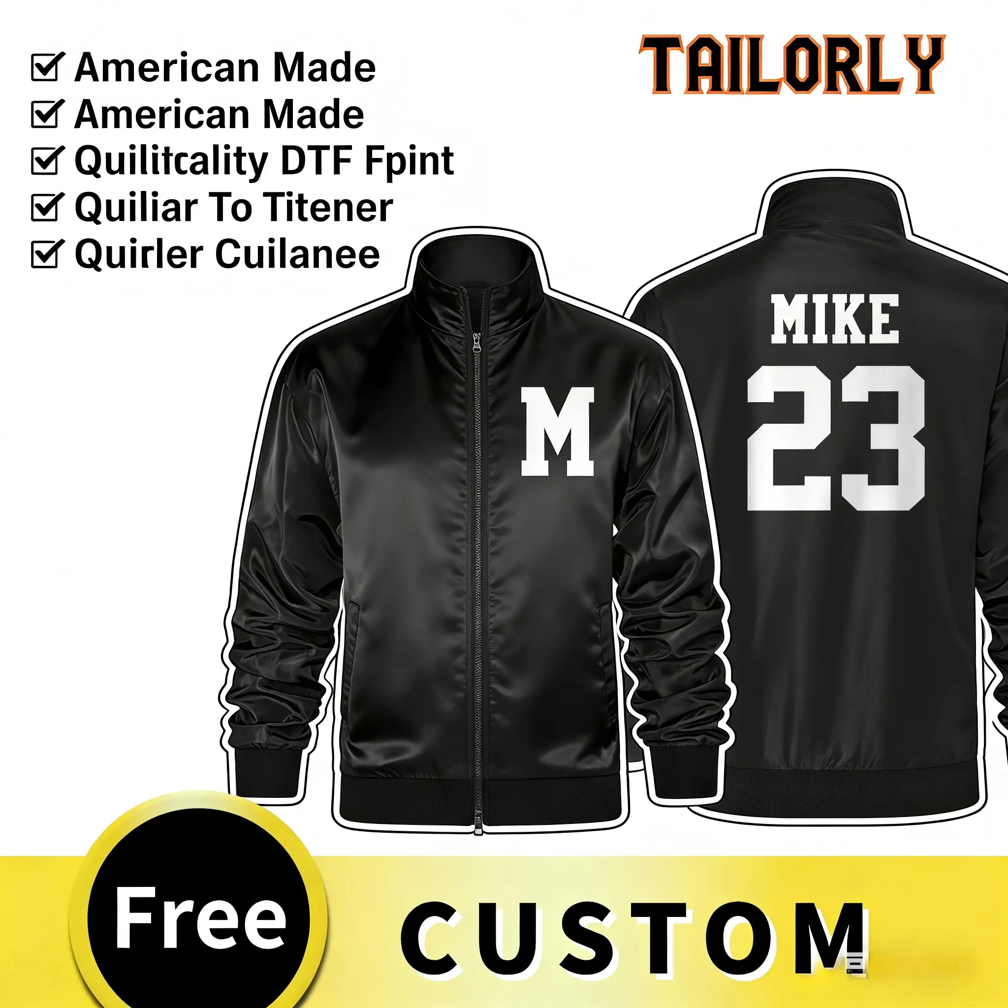 Men's Custom Bomber Jacket in Black Satin - Classic Lightweight Streetwear Top, Personalized with Your Name, Number, or Logo, Tops