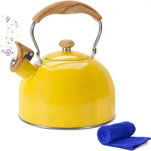 Whistling 2.6 Quart Stovetop Tea Kettle, Food Grade Stainless Steel Tea Pot for Stove Top, Yellow Wood Pattern Handle With Anti Scald Towel