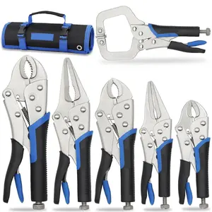 6pcs locking pliers tool set, storage bag, made of CR-V steel.  Includes 5-inch, 7-inch, and 10-inch curved jaw locking pliers, 6-1/2-inch and 9-1/2-inch long nose locking pliers, and a 6-inch locking C-clamp. mechanic tools,tools and gadgets for him