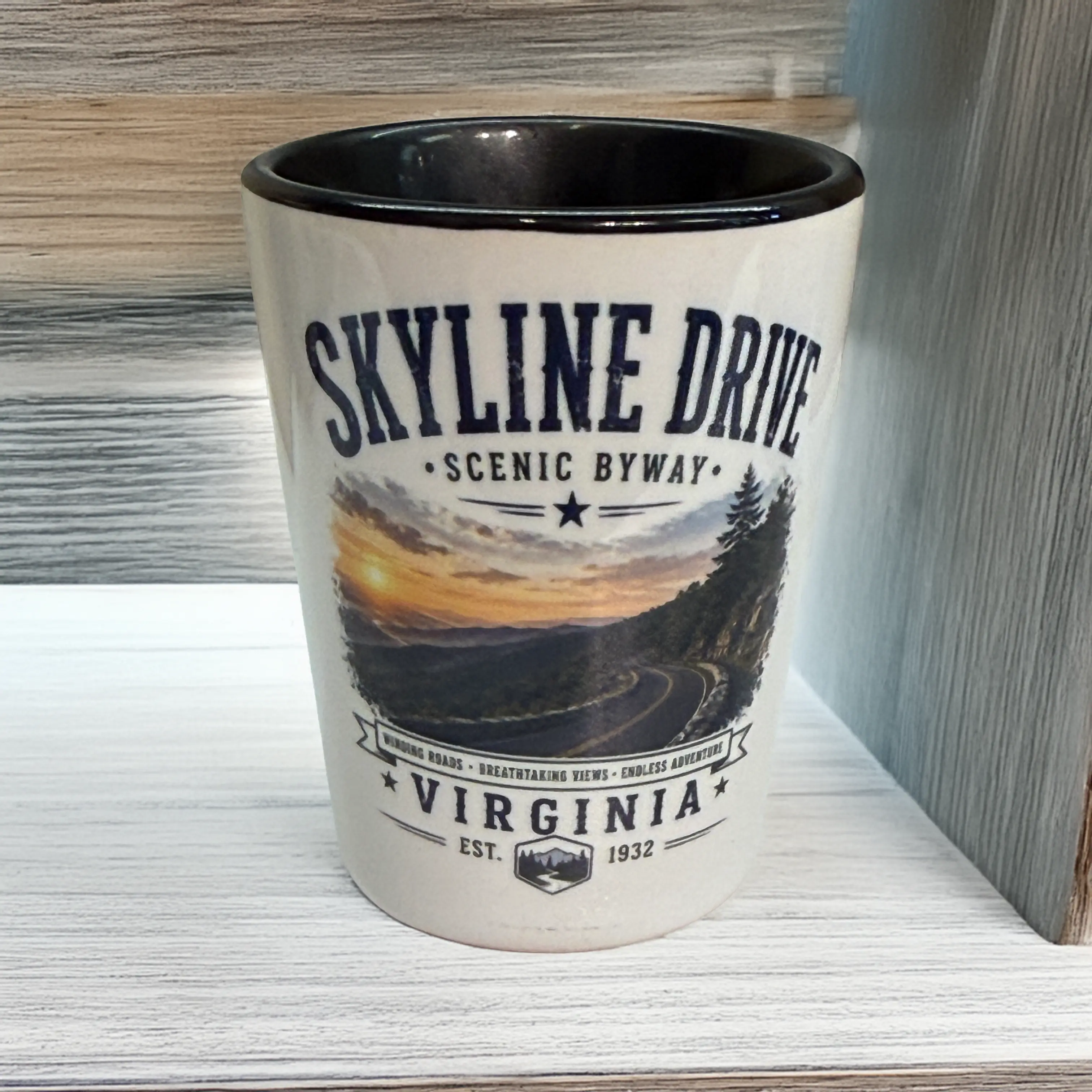 Skyline Drive Virginia Ceramic Shot Glass | Scenic Byway Mountain Road Souvenir