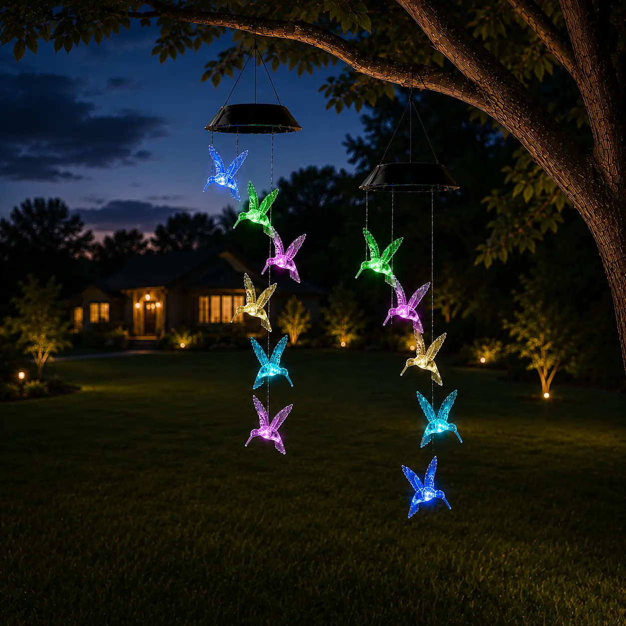 Garden & Indoor Hanging Decorative Lights — Solar Color-Changing Hummingbird Wind Chimes, Summer Color-Changing Hummingbird LED Twinkle Lights, Outdoor Garden Decorative Solar Light, Home Decor, Wind Chimes, Solar Garden Fountain, Garden Accessories