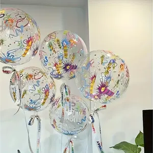 5 Pack 20 Inch Colorful Happy Birthday Transparent Bubble Balloons, Durable Party Decorations, Wedding Accessories, Mixed Colors, Balloon Set