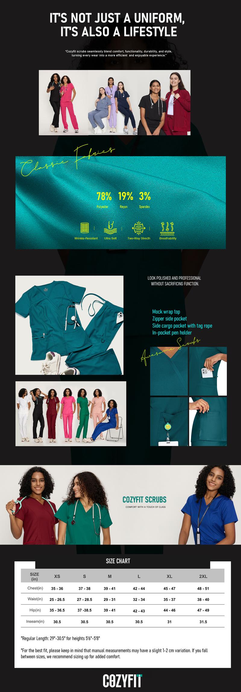 COZYFIT Soft Scrubs for Women - Mock Wrap Top & Straight Leg Pants with 6 Pockets, Back Princess Seams, Soft Fabric