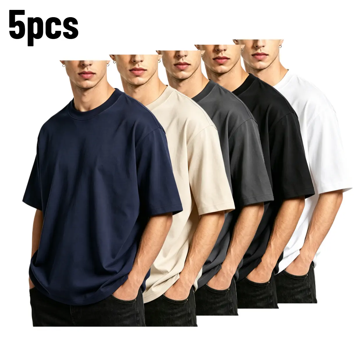 Men's 5pcs Cotton Blend Solid Plain Short-Sleeve Crew Neck T-Shirts, Loose-Fit All-Seasons Casual Streetwear Multi-Pack (Navy Blue+Sky Blue+Gray+Green+Black), 62% Cotton/38% Polyester Fiber Menswear Tops
