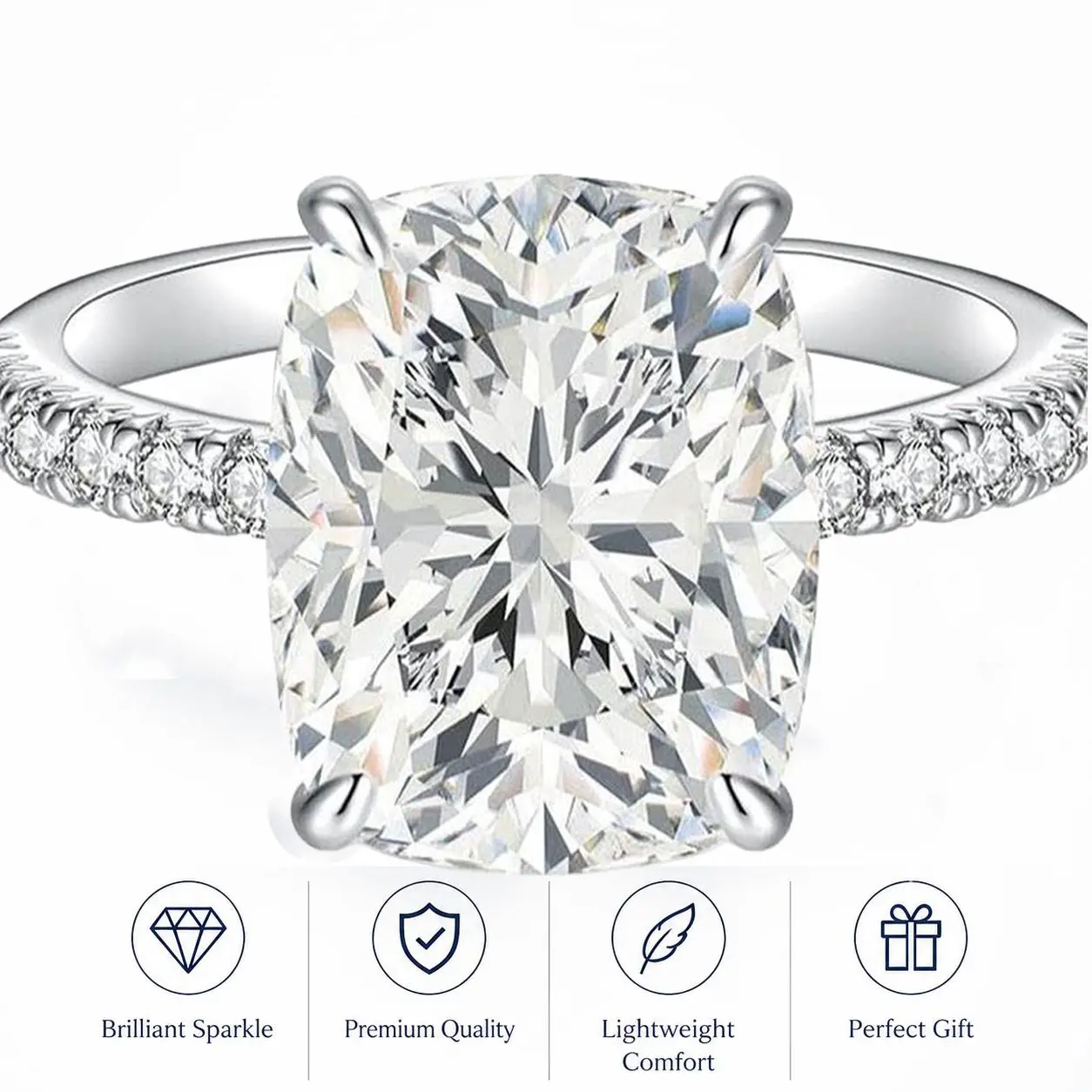 Moissanite solitaire engagement ring featuring an elongated 4.5-carat Radiant cut stone with an "Excellent" cut grade; hypoallergenic, D-color, VVS1 clarity, set in 925 sterling silver—ideal for travel and perfect as a promise ring for her., Wedding, Supe