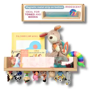 BigStep Magnetic Tonies Shelf and Bookshelf Combination - Iridescent Front Panel and Metal Strip on Bottom to Hold Tonie Characters - Tonie Shelf
