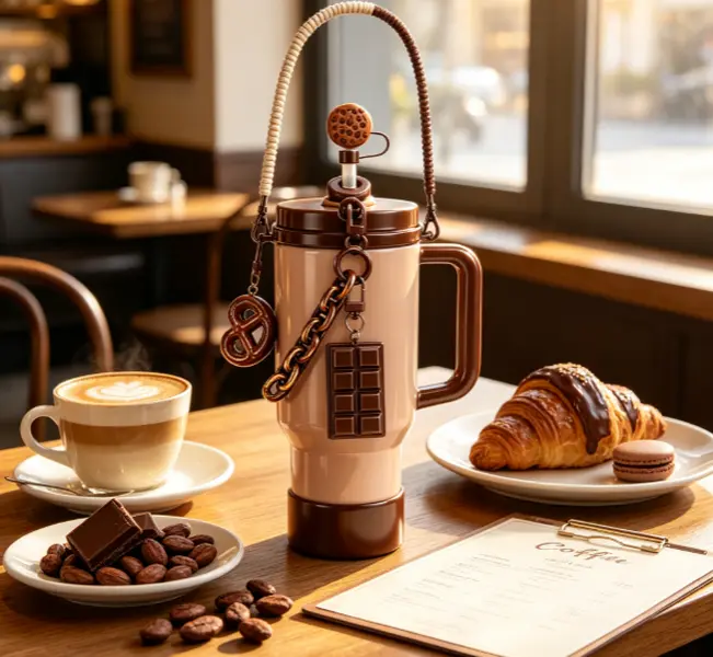 Chocolate Theme Tumbler Accessories Set for 30oz & 40oz Tumblers – Pretzel Charm, Cookie Straw Topper, Chocolate Bar Decor & Silicone Boot
