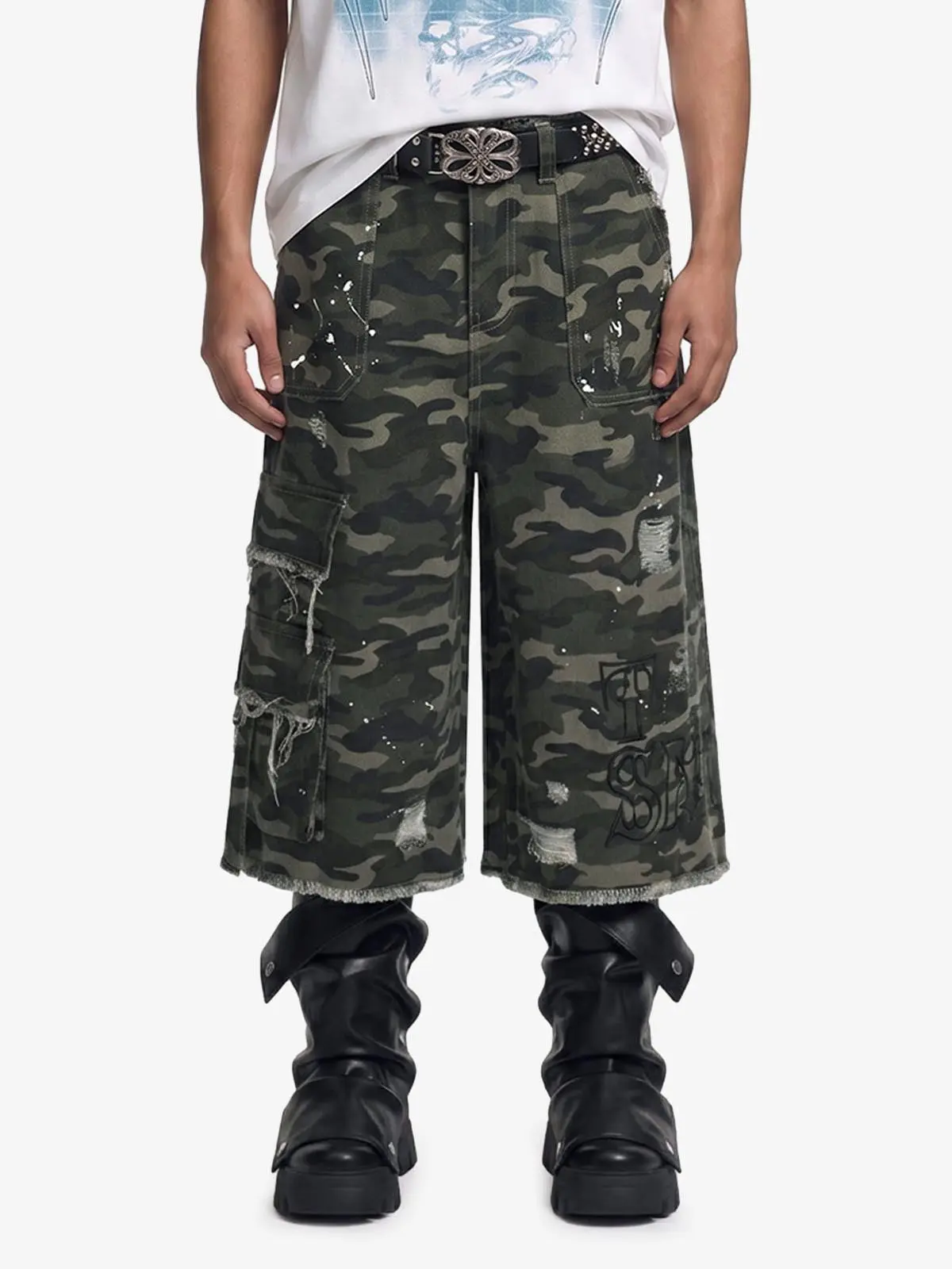 Thesupermade Distressed Camo Multi-Pocket Straight Jorts | Paint Splatter Embroidery Streetwear Shorts Men