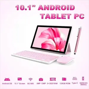 Crelander 10.1 inch Android 13 Tablet 6GB RAM 128GB ROM 5000mAh Battery 1280x800 IPS Touch WiFi Bluetooth Dual Camera SIM Card Slot Keyboard Case Mouse Stylus Pink
