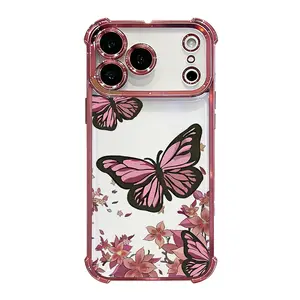 Pink Butterfly Floral Phone Case for iPhone 17 16 15 14 13 12 11 Pro Max Plus Air Shockproof Drop Protection Soft TPU Silicone Cover Cute Aesthetic Protective Smartphone Case Gift DDSJ260415004