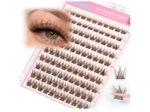 Self Adhesive Eyelashes Brown Lash Clusters No Glue Needed Press on Lashes Reusable Pre-glued Eyelash Clusters 8-14mm Wispy Individual Lashes C Curl Cluster Lashes DIY Brown Lash Extension