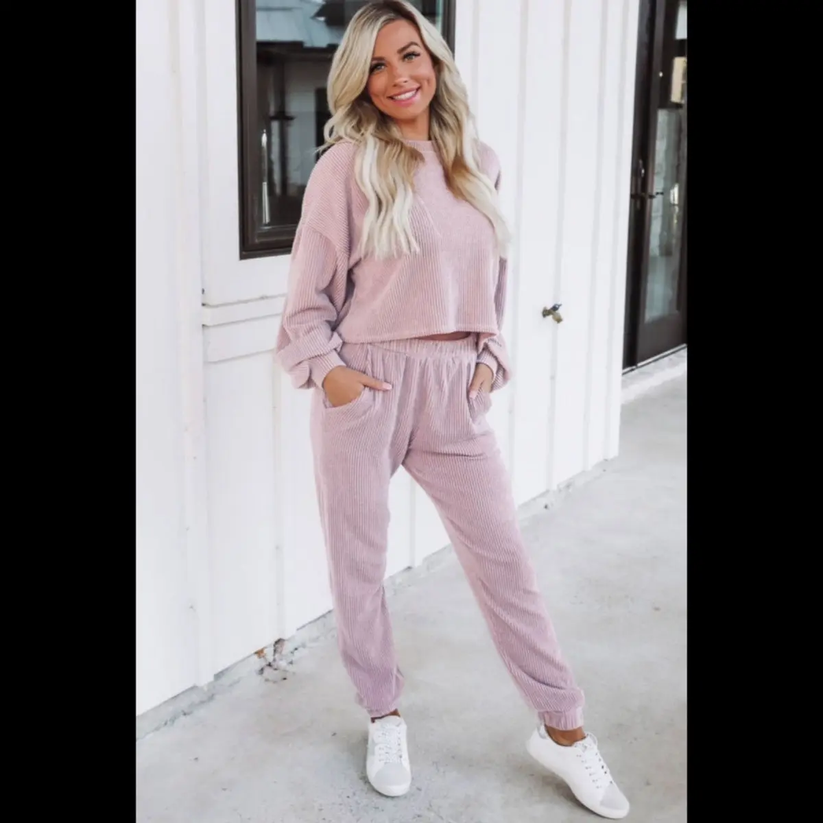 Pale Chestnut Ribbed Two Piece Pullover and Joggers Lounge Set