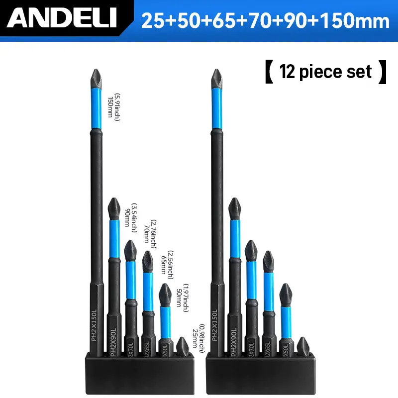 ANDELI Phillips Screwdriver Bit Set 12-Piece S2 Steel Magnetic Non-Slip Impact-Resistant for Electric & Manual Screwdrivers, Metal Bits, Screwdriver Bits Set