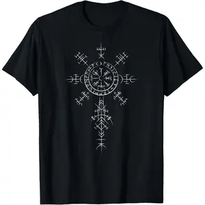 100% Cotton  Unisex Retro Viking Symbol Compass Vegvisir Nordic Rune Celtic T-Shirt