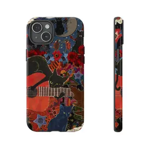 Aesthetic Black Cat Playing Guitar Phone Case, Artistic Vintage Boho Style Phone Cover, Gift for cat lovers