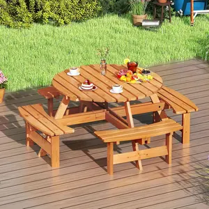 COSTWAY 6/8 Person Picnic Table for Outdoors, Wood Picnic Table Set with Benches & 2” Umbrella Hole, Heavy Duty Round Dining Table Chairs for Patio, Yard, Poolside & Garden -COSTST