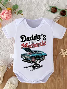 "Daddy'S Little Mechanic "Letter Car Print Baby Romper Newborn Climbing Suit Jumpsuit Soft Comfortable Pregnancy Gift, for Outdoor