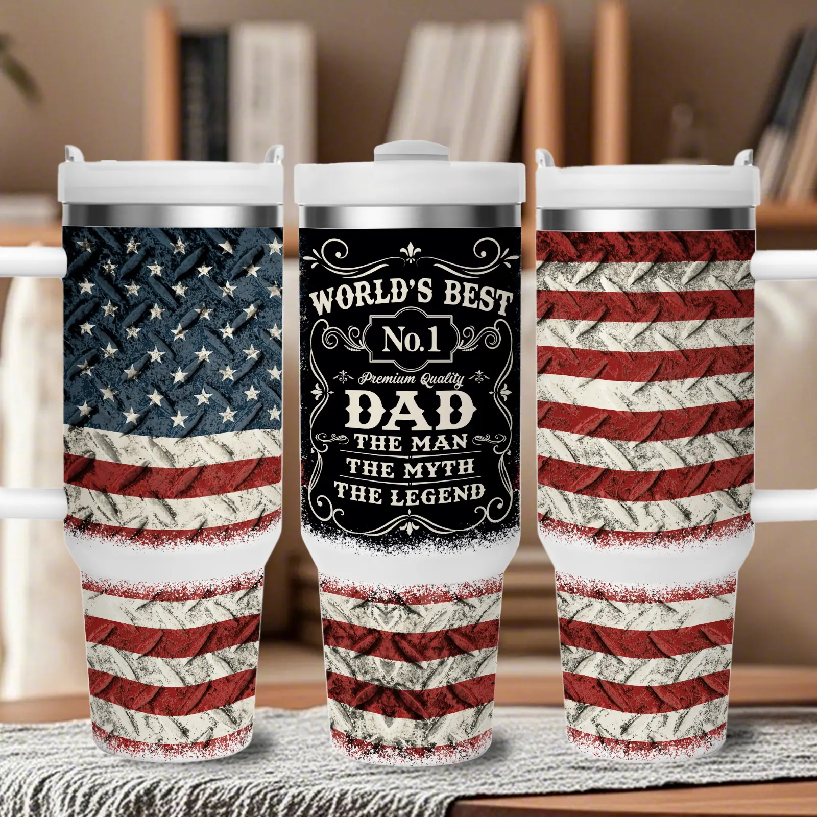 40oz Stainless Steel Industrial Portable Vacuum Insulated Tumbler - Insulated Coffee & Hydration Option, Sturdy Water Bottle, American Flag Stripes Watercolour "The Man, The Myth, The Legend" Design, No Water Rings, Happy Father's Day Gift for Dad