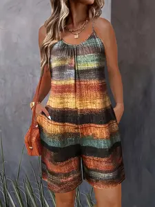 Summer Casual Vacation Fashion Tie-Dye Sleeveless Halter Top Women's Leisure Flowy Jumpsuit Romper Shorts, Stylish and Comfortable, Perfect for Travel