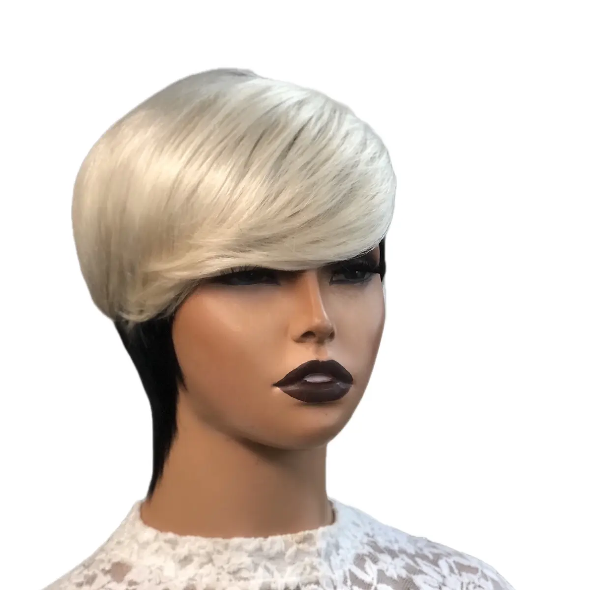 Wig Pixie Short Hairstyle Layed Swoop Bang Style Black/Blonde