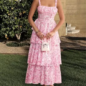 Women's Pink Elegant Floral Print Tiered Chiffon Maxi Dress, Princess Style Formal Event prom Birthday Dress, Spring Summer Womenswear S-XL