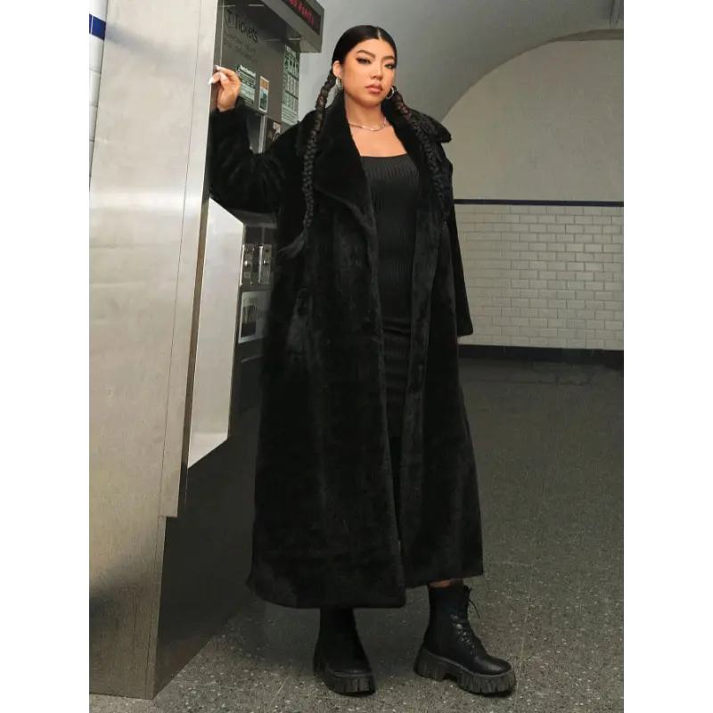 Faux Fur Coat for Women, Plus Size Elegant Solid Color Longline Outerwear with a Lapel Collar and Long Sleeves for Fall Winter, Tops, Chic, Lady, Regular Sizes, 4Xl, Do Not Dry Clean, Jackets, Oversized, Loose, Clothes
