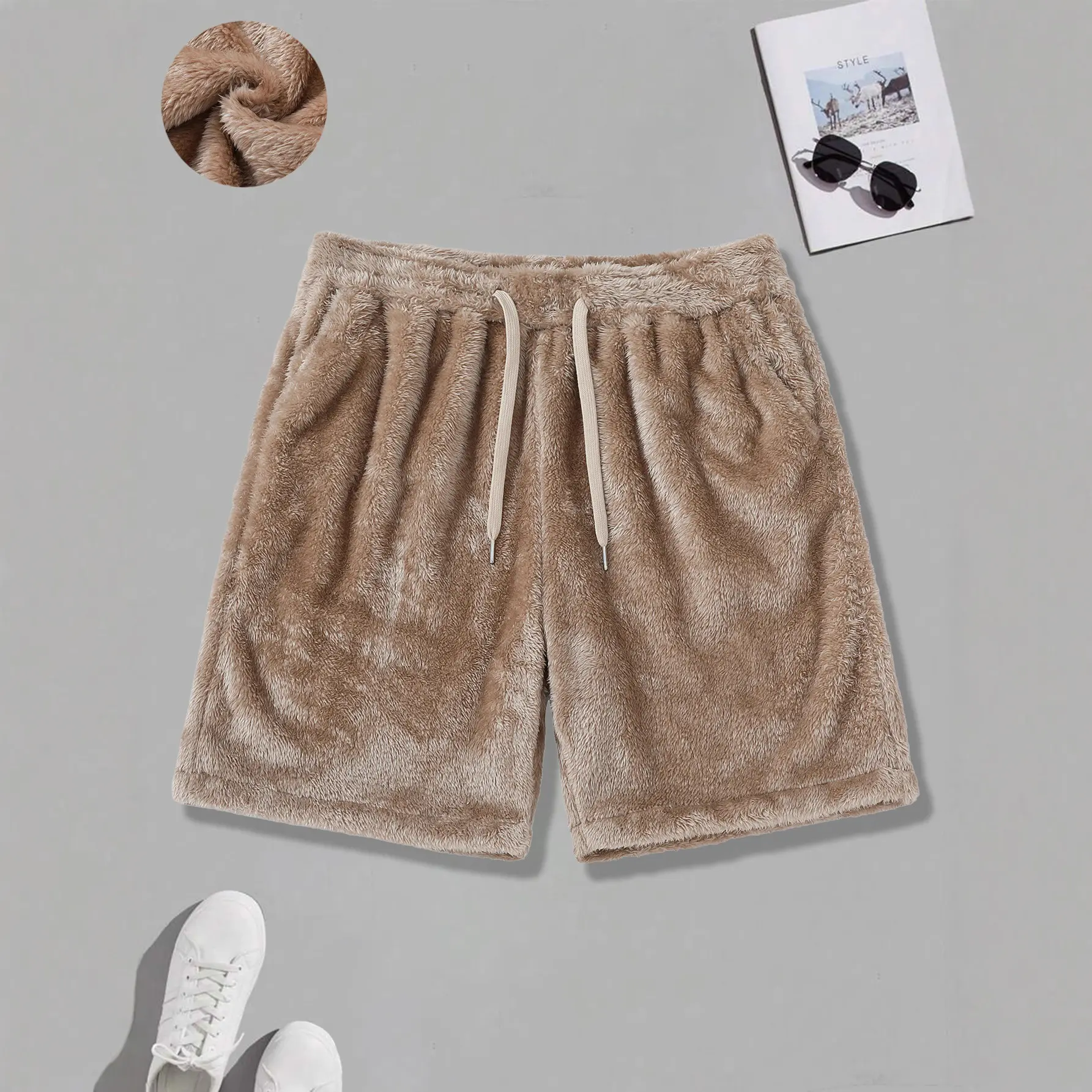 Arctic Velvet Straight-Leg Shorts for Men, Winter Fleece-Lined Warm Wide Pajama Shorts