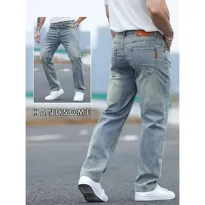 Men's Vintage Washed Denim Jeans, Trendy Fitted Straight Leg Pants, Comfortable All Season Casual Wear, Embroidered Leather Patch Design, Pocket