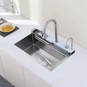 Pull-out Facuet Single Bowl Sink Kitchen Vegetable Sink 304 Whale Waterfall Sink Dish Sink Household Vegetable Washing Basin, Dark Gray[Unable to ship on weekends,usps/fedex]