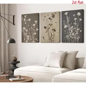 Two-dimensional canvas painting, 3-piece set, framed canvas art featuring melancholic plants and wildflowers, suitable for living room, bedroom, office decoration--dark-toned wildflower painting, farmhouse plant painting, wrapped canvas panel, suitable fo