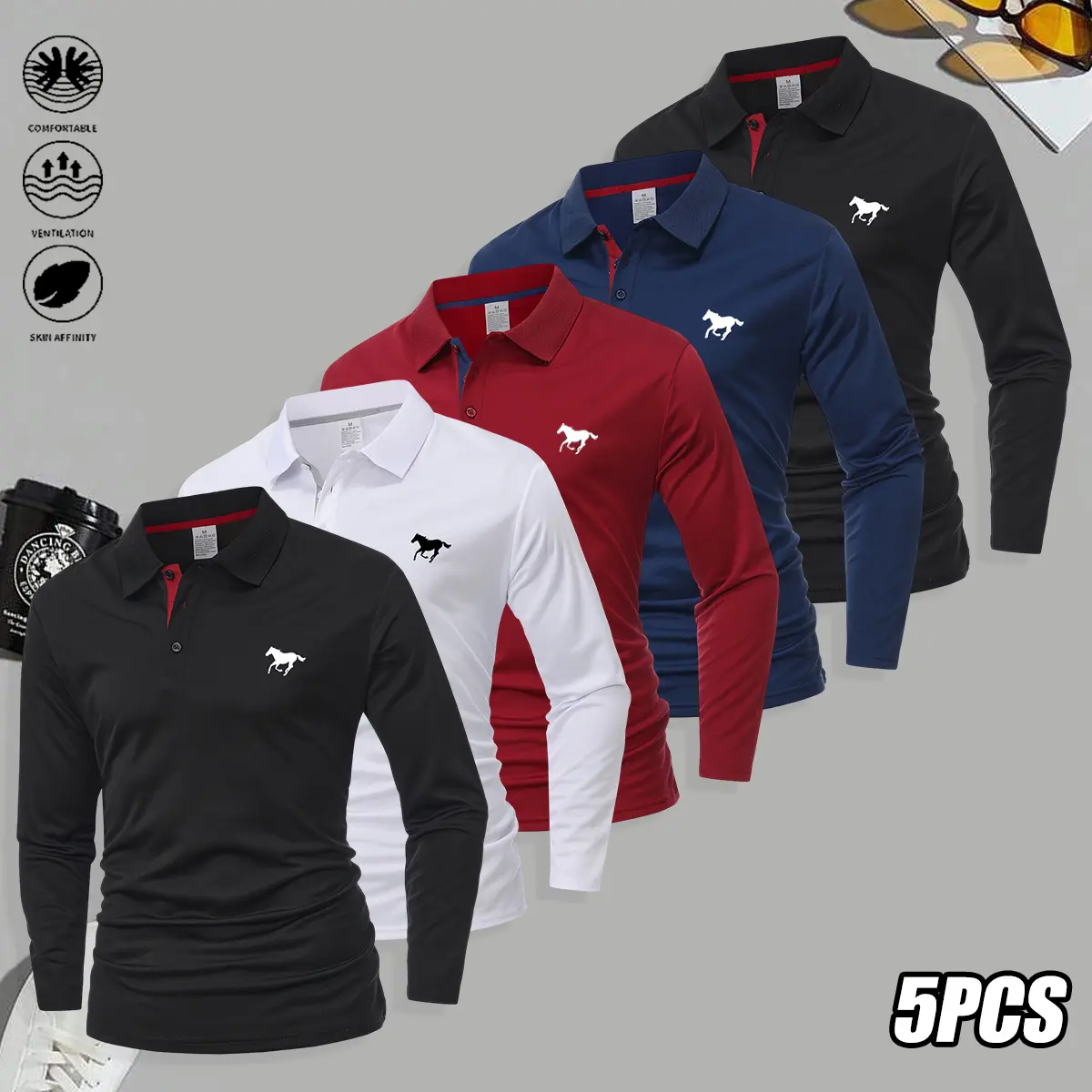 Set of 5 men’s long-sleeve polo shirts—stylish and comfortable, youthful look; turn-down collar design for sporty casual and light business wear; suitable for all seasons and ideal for golf and outdoor activities; men’s polo shirts.