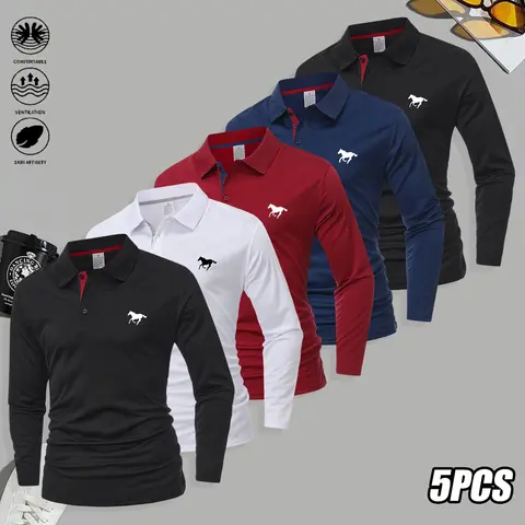 Men's 5-Piece Longsleeve Polo Shirts Set - Polyester Fabric, Turn-Down Collar, Casual Classic, Stylish Comfortable, Multi-Size, Light Business & Golf Top, All-Season Menswear, Longsleeves