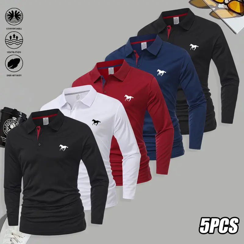 Men's 5-Piece Longsleeve Polo Shirts Set - Polyester Fabric, Turn-Down Collar, Casual Classic, Stylish Comfortable, Multi-Size, Light Business & Golf Top, All-Season Menswear, Longsleeves