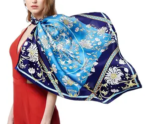 Oscar Rossa 100% Mulberry Silk Scarf with Hand-Rolled Edges, approximate 35"x35" Large Square Printed Silk Charmeuse Scarf, Lotus