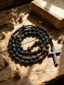 Men's Necklace with Matte 8mm Natural Stone Beads, Tiger Eye Cross Pendant Design, Elegant Jewelry for Men, Unique Gift Idea
