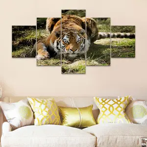 Tiger Lying in Grass Exuding Power Poster, 5 Counts Unframed Canvas Posters, Fashion Home Poster, Modern Home Decor, Animal Art, Perfect Living Room Decor, Bedroom, Office, Corridor, Home Decoration, Ornaments