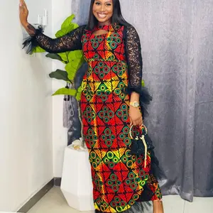 Lace and ankara mix dress Casual Boat Neck A-Line Sweet Floral Plain Slim-fitting