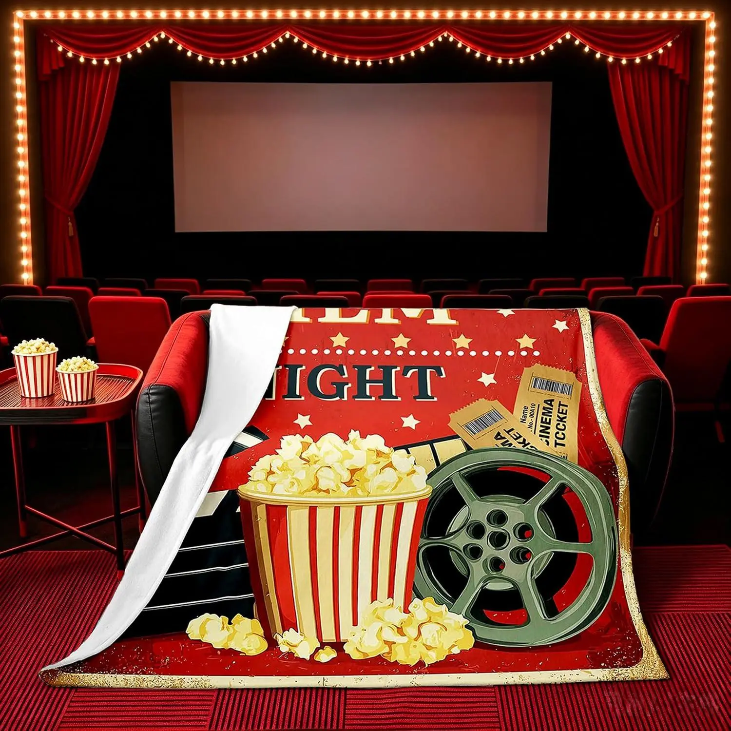 Movie Fleece Throw Blanket Popcorn Clap Board Flannel Blanket Plush Fuzzy Cinema Film Night Bed Couch Chair Living Room Red Black Throw Bedroom Decor