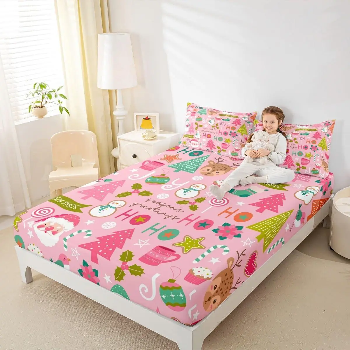 Feelyou Vibrant Pink Christmas Elasticized 3D Bright Cartoonish Comfortable Fitted Sheet - Deep-Pocket Bedding Set with Cute Santa, Snowman, Pine Tree, Deer Decor, Soft Linens for Kids, Elasticized Fitted Sheets, 3D Fitted Sheets