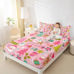 Feelyou Vibrant Pink Christmas Fitted Sheet - Deep Pocket Bedding Set with Cute Theme Cartoon Santa, Snowman, Pine Tree, Deer Decor for Kids, Soft Xmas Linens